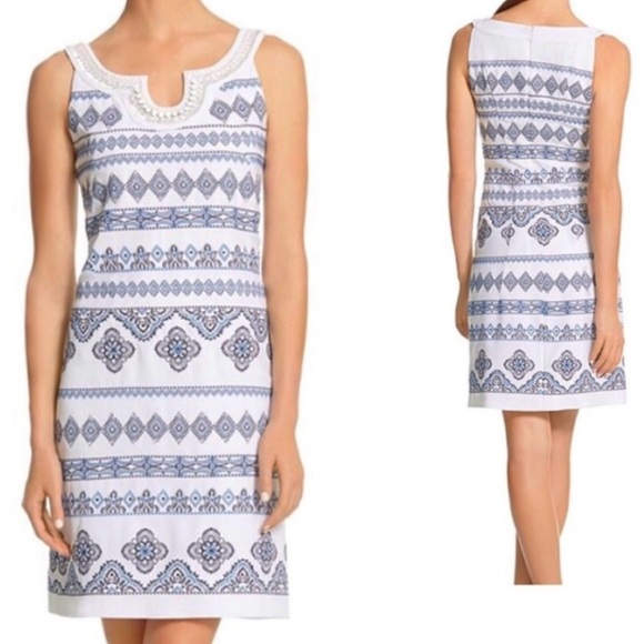 White House Black Market Blue and White Sheath Dress Sleeveless Scoop Neck - Picture 1 of 5